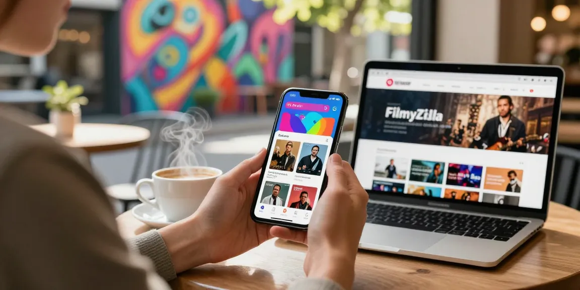 Engaging lifestyle moment showcasing the Filmyzilla app in a vibrant urban café setting.