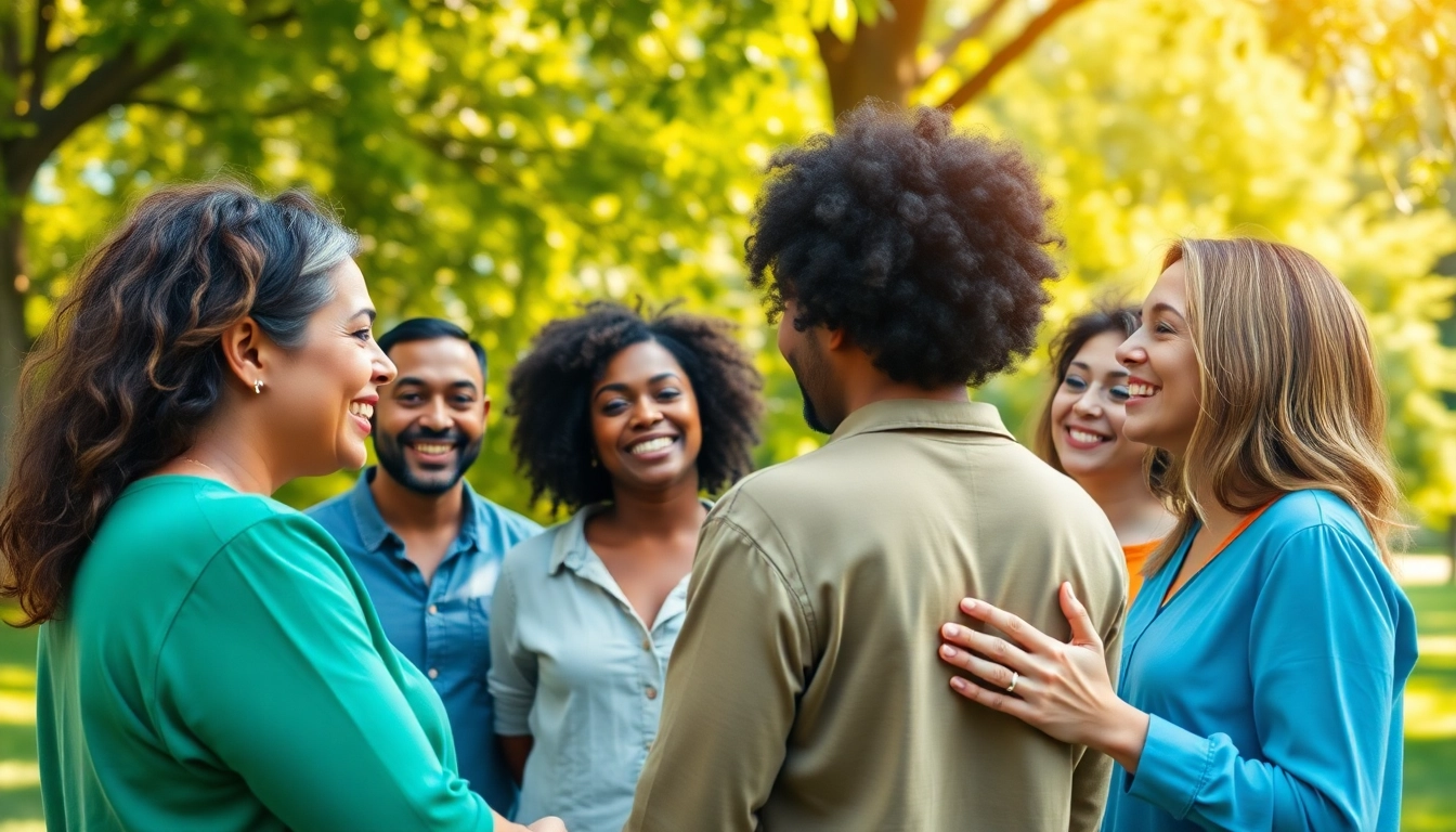 Raising mental health awareness with a diverse group sharing support in a sunny park.