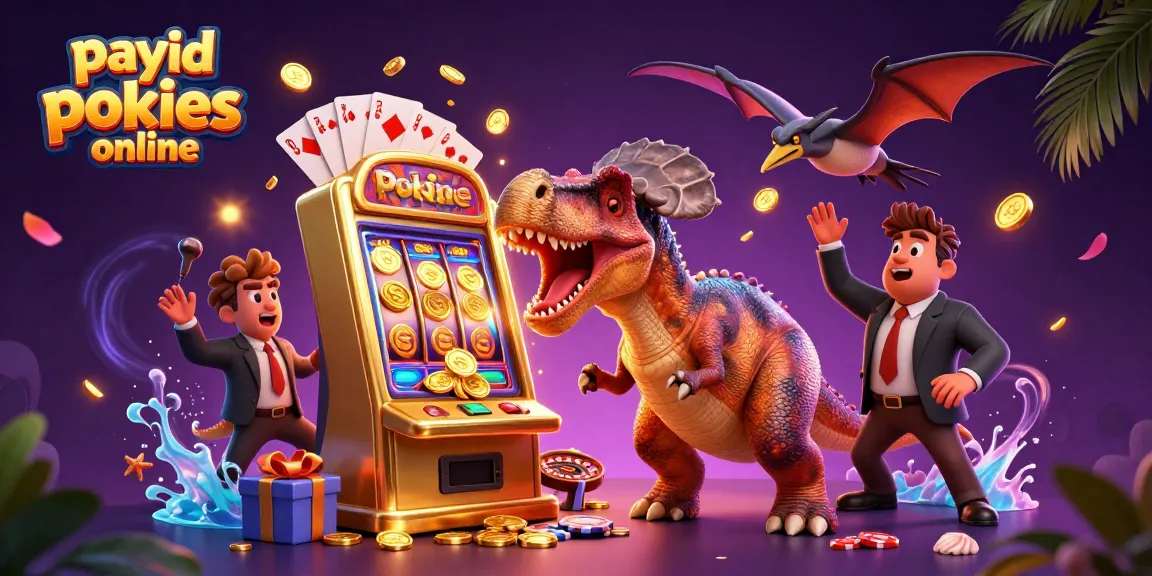 Experience the excitement of payid pokies online as cartoon characters interact in a casino scene.