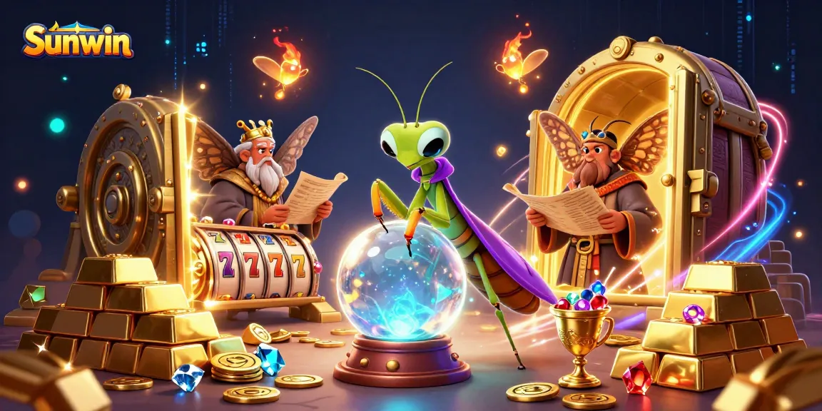 Experience vibrant slot action at Sunwin with a mystical fortune teller and treasures surrounding them.