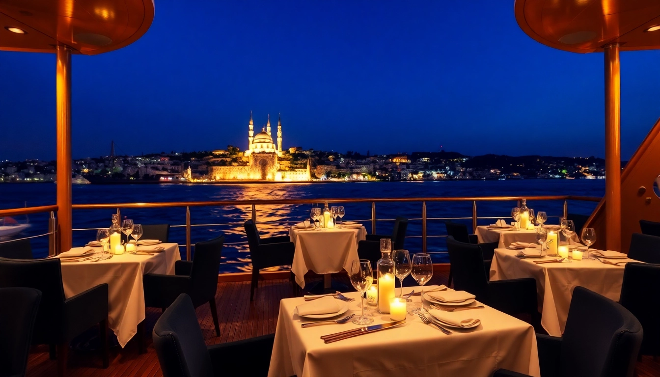 Bosphorus dinner cruise with stunning skyline views and elegant dining setup.