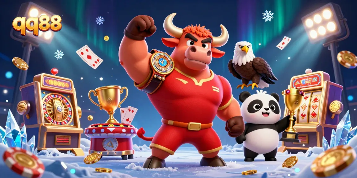 qq88 elevates gaming excitement with a festive atmosphere featuring charismatic characters and vibrant casino elements.