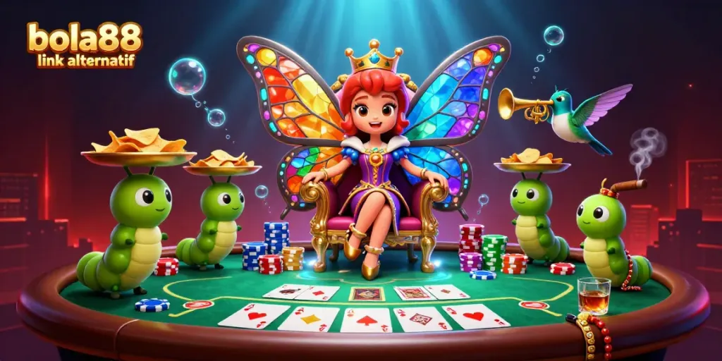 Experience the excitement of bola88 link alternatif with a vibrant casino-themed illustration featuring a butterfly queen and poker elements.