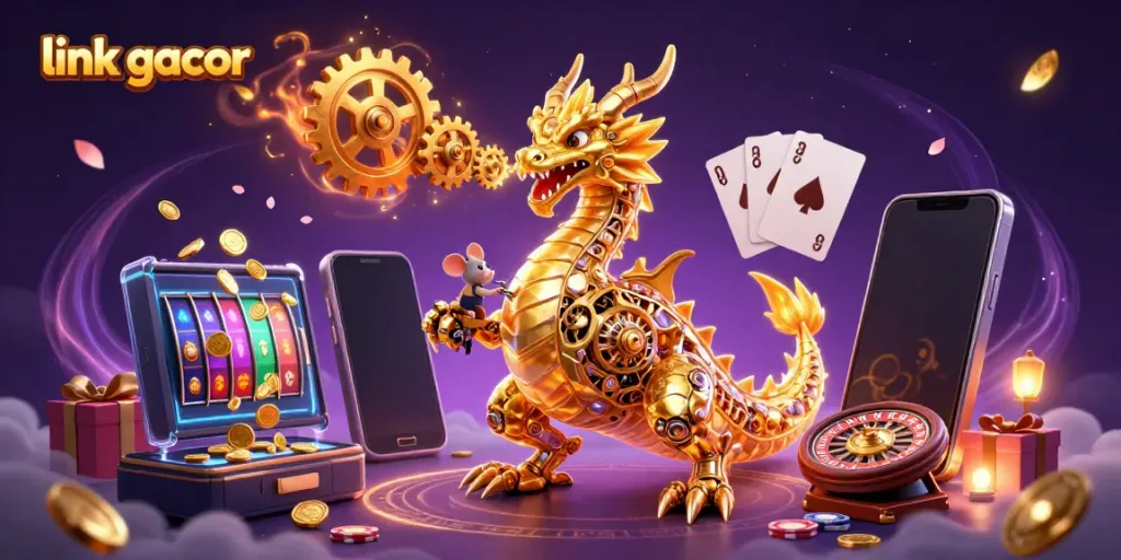 Experience link gacor excitement with interactive slots and a golden dragon in this vibrant casino illustration.