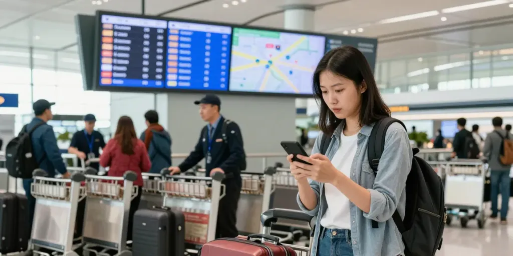 便宜机场的旅客在高峰时段检查航班信息，周围是行李车和其他旅客，展示繁忙的机场氛围。