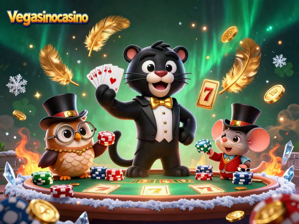 Experience the excitement of vegasinocasino as a stylish black panther deals cards among vibrant casino elements.