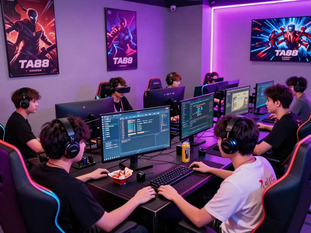 Players engaging in intense gaming at TA88 esports lounge, showcasing modern gaming setup.