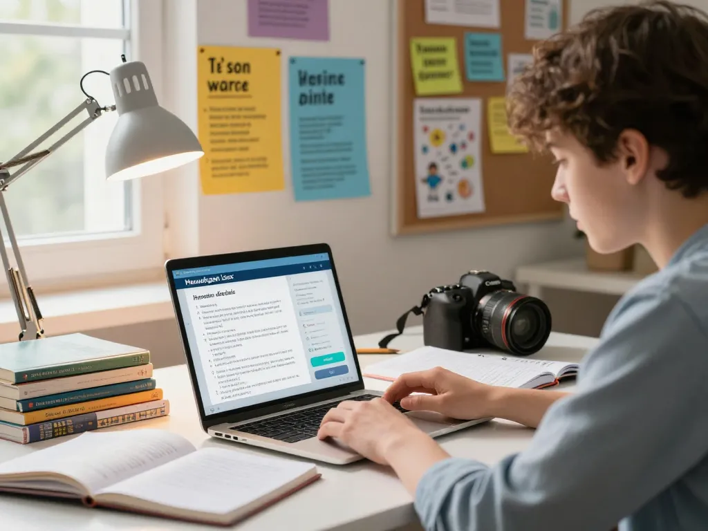 Student, der ein Hausaufgaben Löser Online-Tool für Hausaufgabenlösungen in einem hellen Lernbereich verwendet.