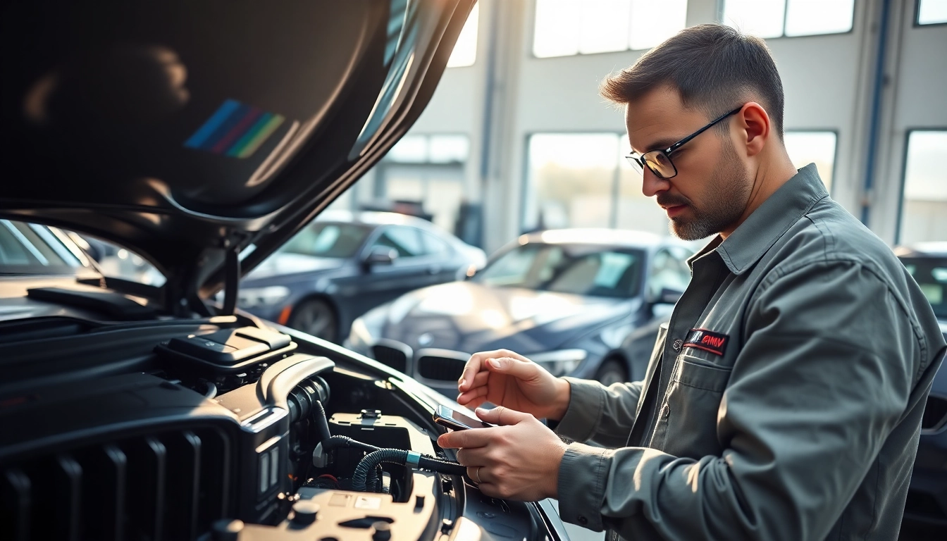 Professioneller BMW Nachrüstung in einer Werkstatt mit einem Techniker bei der Arbeit.