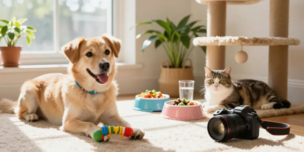 Zubehör für Haustiere in einem gemütlichen Zuhause mit einem Hund und einer Katze, die zusammen spielen und entspannen.