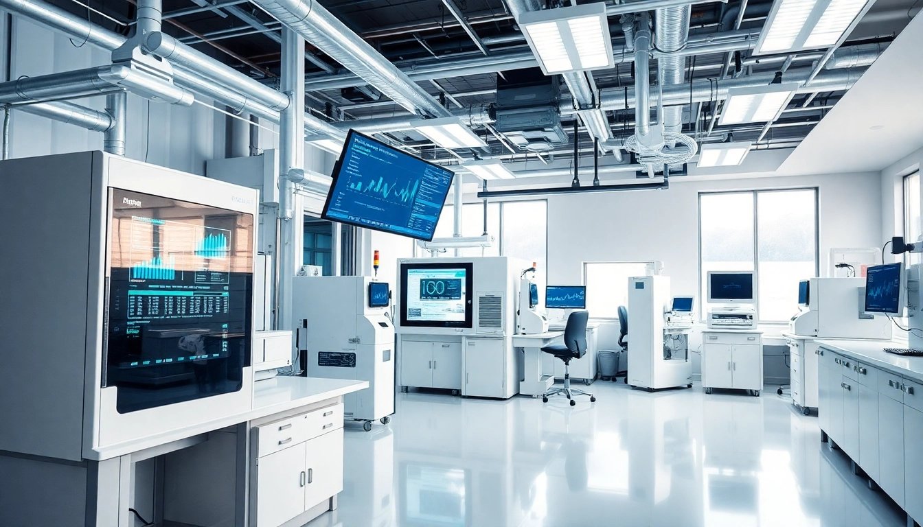 Digitale Loesungen in einem modernen Labor, zeigt innovative Technologien und effiziente Arbeitsablaeufe.