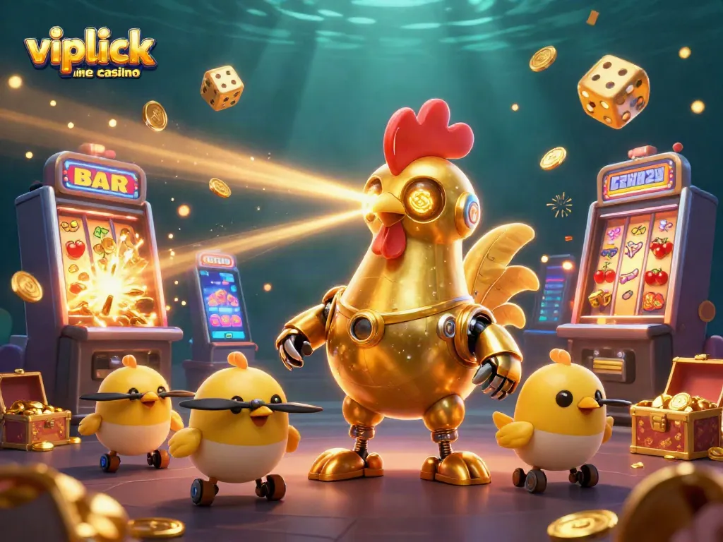 Experience excitement at vipluck online casino with an illustrated scene of vibrant slot games and charming characters.
