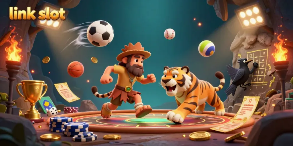 Experience thrills with link slot dynamic gaming scenes featuring cartoons and sports elements.