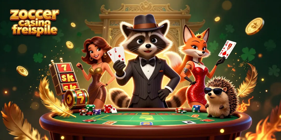 Zoccer Casino Freispiele: 3D-Cartoon-Szenario mit einem schneidigen Waschbären und aufregenden Spielelementen.