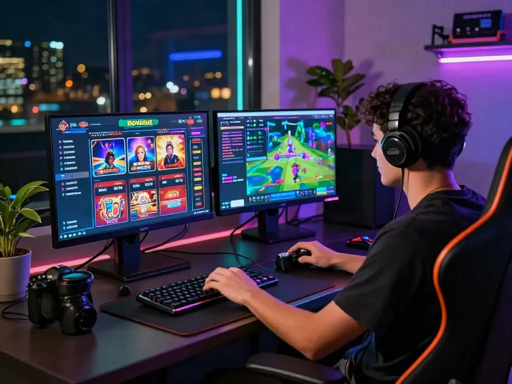 Engaging online gaming setup at https://rikvipt1.co/ with vibrant colors and dual monitors showcasing casino excitement.