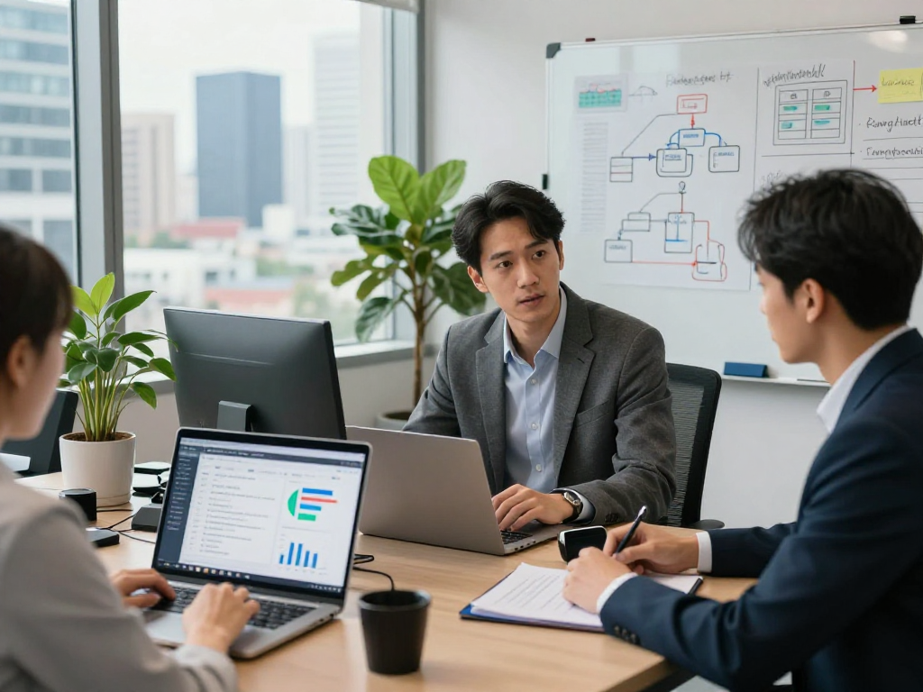 Daten- und IT-Sicherheit Dienstleistung consultation scene showcasing expert discussing strategies with a client in a modern office.