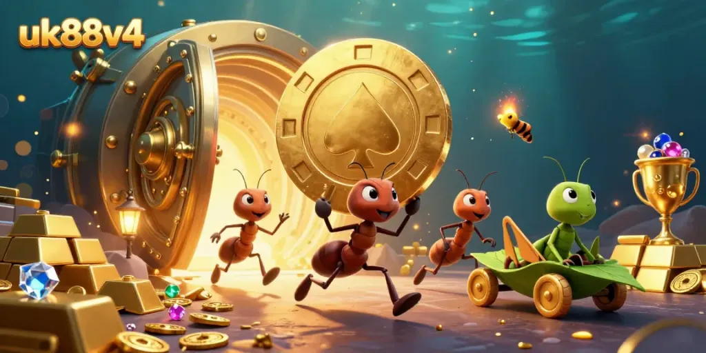 uk88v4 ants heisting a golden poker chip with treasure and light effects in a vivid underwater scene.