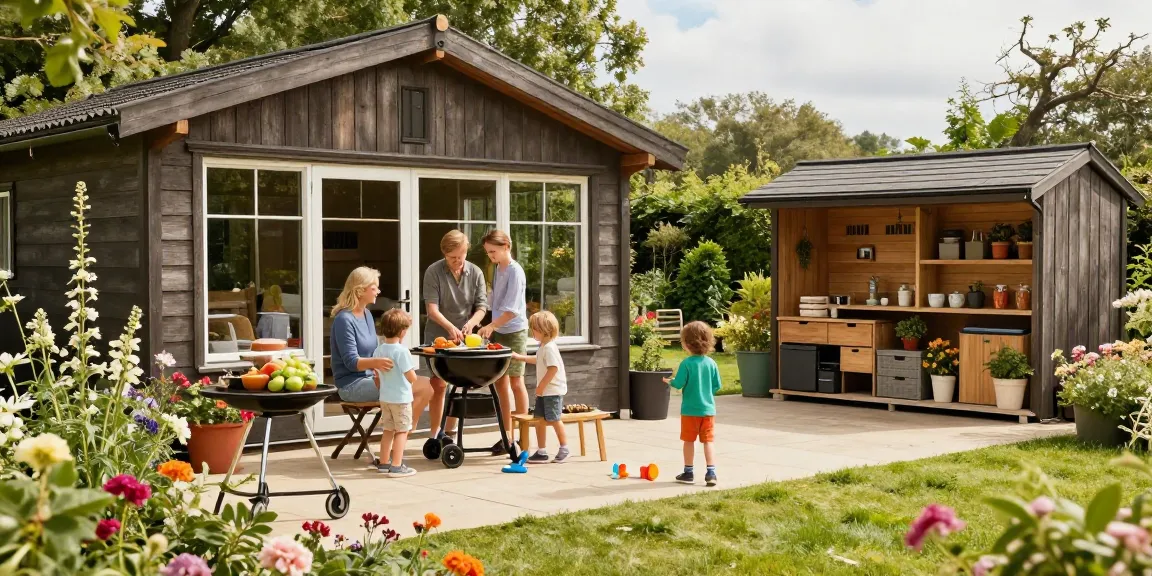 Schönes Garten Haus mit blühenden Pflanzen, Spielplatz und Familienaktivitäten im Freien.