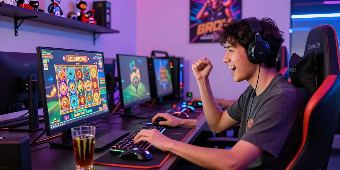 Excited player celebrating a win on สล็อตเว็บตรง gaming laptop with colorful graphics and vibrant atmosphere
