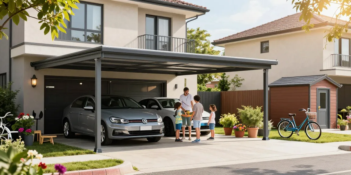 Moderner Carport, der eine Familie bei der Nutzung unter einem stilvollen Carport zeigt, umgeben von einem schönen Garten.