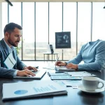 Headhunter IT in modern office engaging with recruitment tools and client profiles.