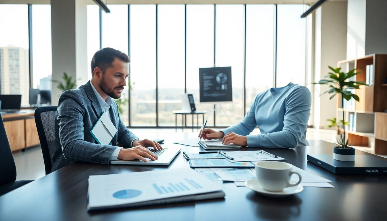 Headhunter IT in modern office engaging with recruitment tools and client profiles.