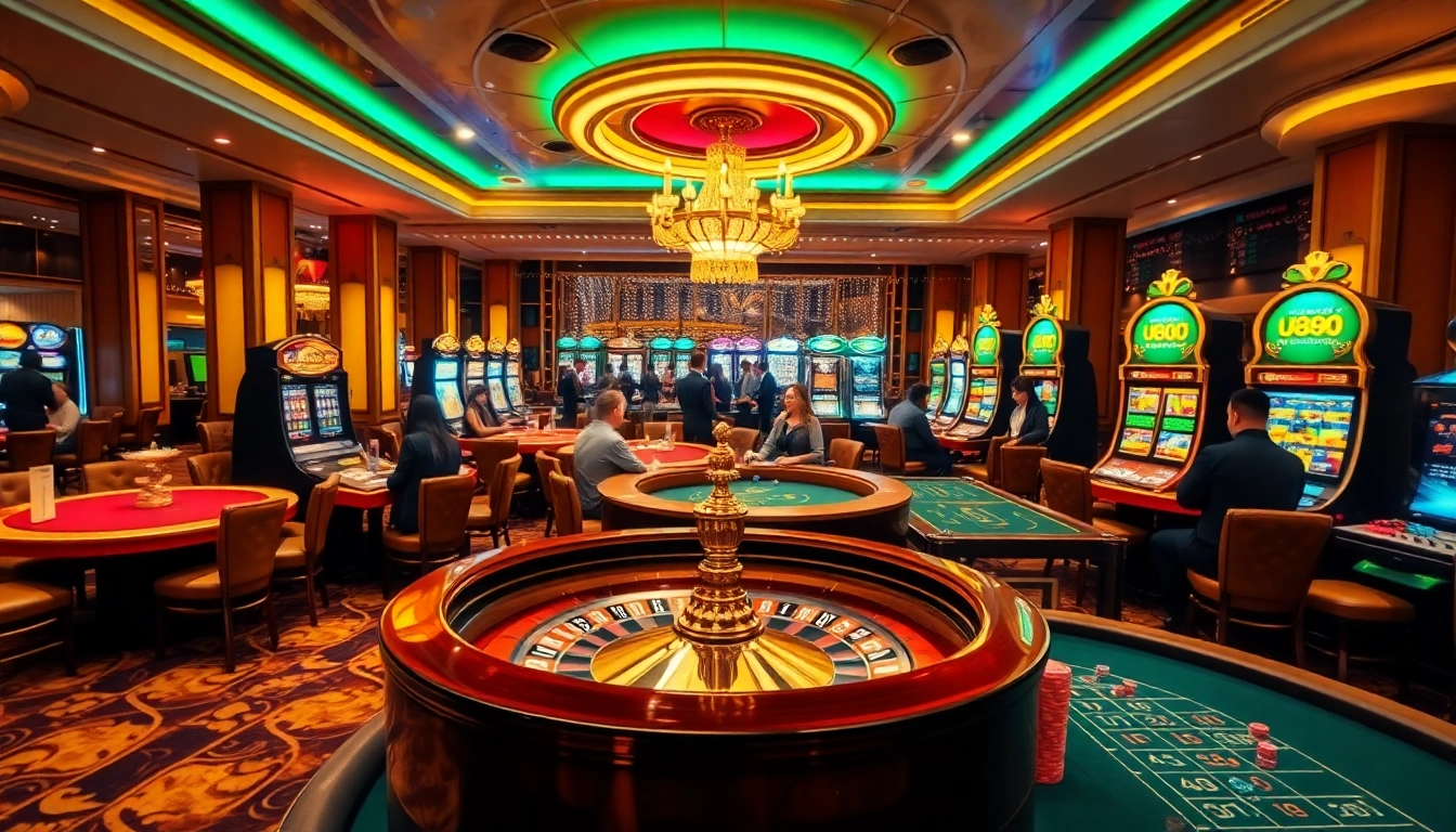 Vibrant U888 trang chủ casino scene featuring players at tables and slot machines.