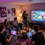 Group enjoying sexgames on multiple devices in a lively gaming room atmosphere.