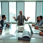 Headhunter Ingenieure beim Gespräch in modernem Büro mit Laptops und Architekturplänen.