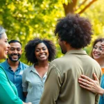 Raising mental health awareness with a diverse group sharing support in a sunny park.