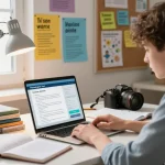 Student, der ein Hausaufgaben Löser Online-Tool für Hausaufgabenlösungen in einem hellen Lernbereich verwendet.