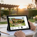 Hausbesitzer visualisiert ein Pergola 3D Design auf einem Tablet in einem üppigen Garten.