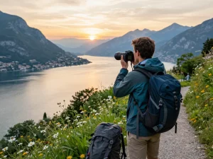 Gardasee Reisetipps: Ein Reisender, der atemberaubende Ausblicke auf den Gardasee bei Sonnenuntergang festhält.