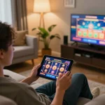 Player engaging with sc88e slots app on tablet in a cozy home environment.