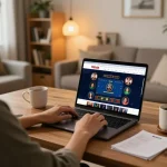 Engaging gameplay on Nhà cái F168 online casino from a cozy home setup with betting notes visible
