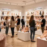 Showroom mit verschiedenen Optionen für die beste Sexpuppe, einladende Atmosphäre, diverse Verbraucher erkunden die Produkte.