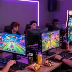 Players enjoying games at https://b52club.radio.fm/ in a vibrant, dynamic gaming atmosphere with lively screens and accessories.