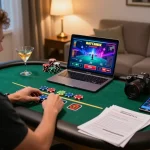 Player enjoying CM88 live dealer blackjack online, vibrant gaming setup with chips and notes.