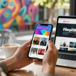 Engaging lifestyle moment showcasing the Filmyzilla app in a vibrant urban café setting.