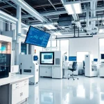 Digitale Loesungen in einem modernen Labor, zeigt innovative Technologien und effiziente Arbeitsablaeufe.