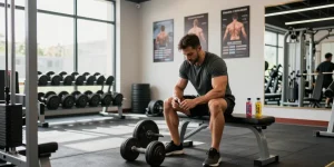 Athlet im Selliza Shop Fitnessstudio beim Training mit Anabolika und Fitnessgeräten.