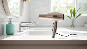 Laifen se Haarfön auf einem modernen Badetresen präsentiert.