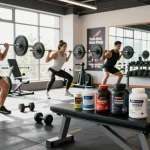 Im Anabolika Shop: Bodybuilder trainiert intensiv mit Steroiden und Fitnessgeräten.
