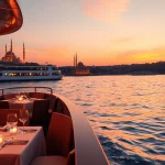 Bosphorus dinner cruise with stunning sunset views and elegant dining setup.