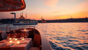 Bosphorus dinner cruise with stunning sunset views and elegant dining setup.
