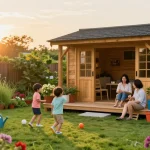 Gemütliches Gartenhaus in blühendem Garten mit spielenden Kindern und entspannenden Erwachsenen.