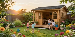 Gemütliches Gartenhaus in blühendem Garten mit spielenden Kindern und entspannenden Erwachsenen.