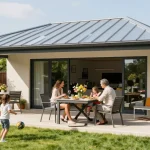 Freistehende Terrassenüberdachung in einem Garten mit Familie, die Zeit im Freien genießt.