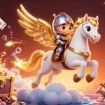 Experience the magic of gaming with Sun Win's stunning horse and knight amid treasures and vibrant casino elements.