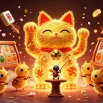Erlebe die spannenden realz Casino Freespins mit 3D Glückskatze und Spielautomaten in einer lebendigen Szene.